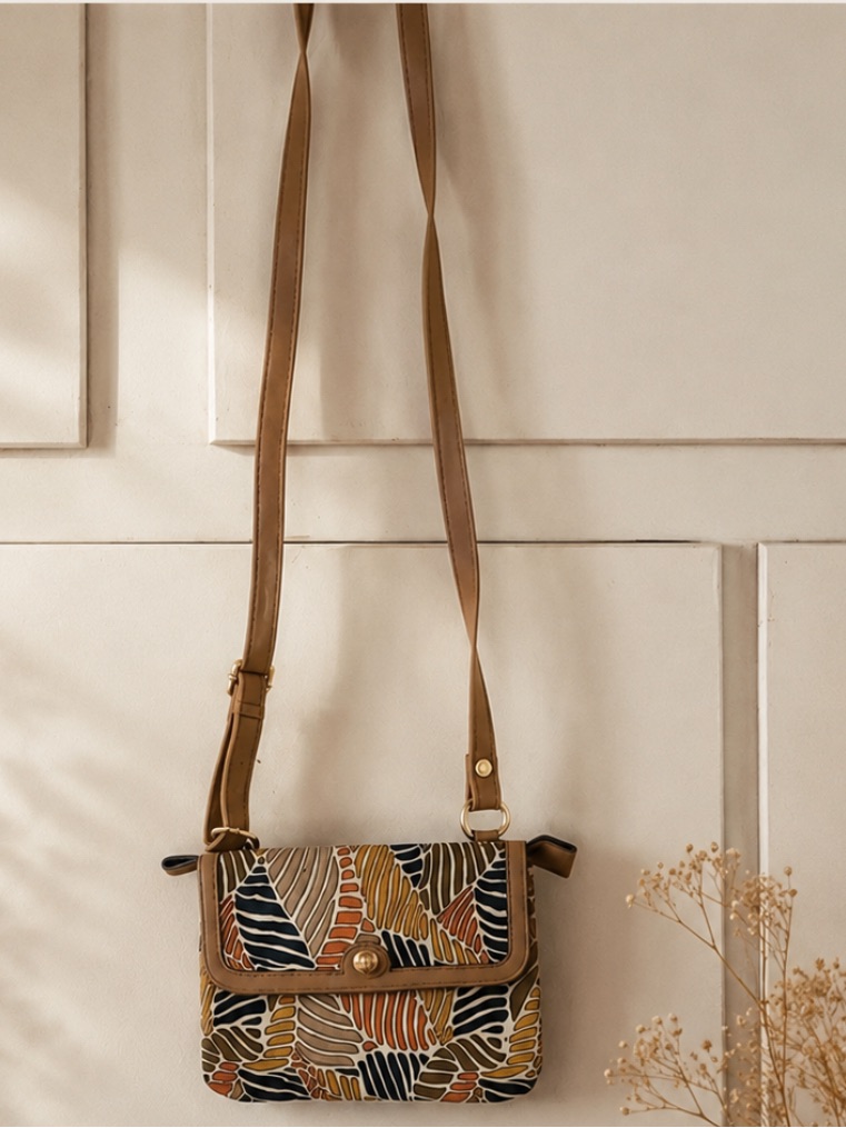 Tan Patterned Crossbody Bag - Unbranded